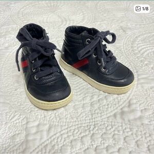 GUCCI Toddler High Top Sneakers Ace Web Navy Blue Leather Kid Size 21